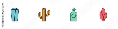 Set Burrito, Cactus, Tequila bottle and Corn icon. Vector