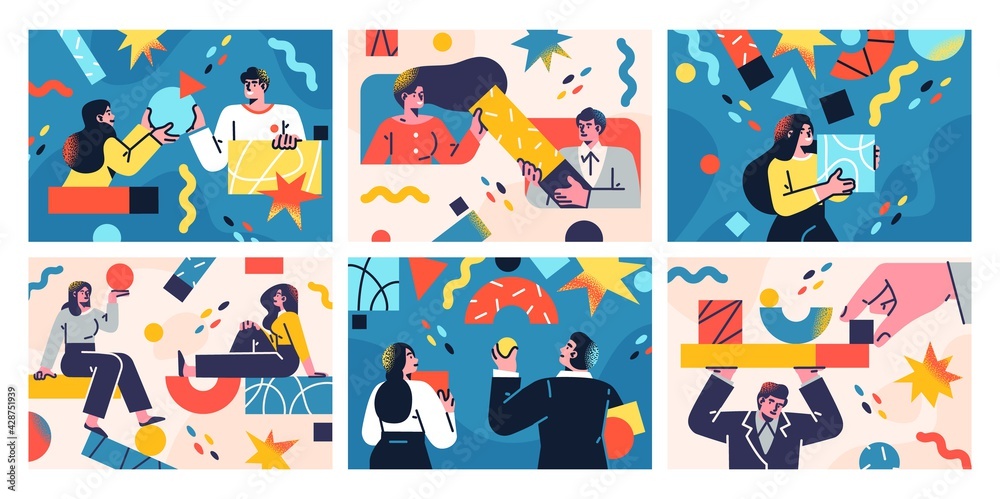 Set of Flat style business backgrounds. Different business people interacting and communicating. Casual business concept vector Set of Flat style business backgrounds. Different business people interacting and communicating. Casual business concept vector
