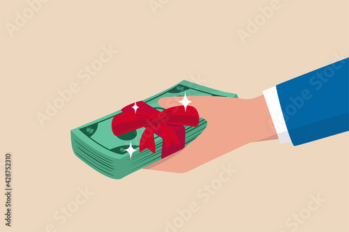 Paying extra bonus money to employee, special gift more salary or premium payment for high performance worker concept, businessman boss hand giving banknotes cash with reward ribbon.