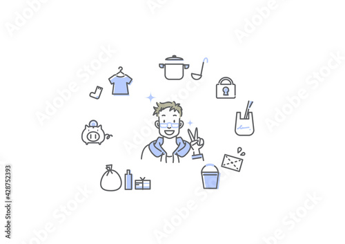 初めてのひとり暮らし　男性　シンプルでおしゃれな線画イラスト