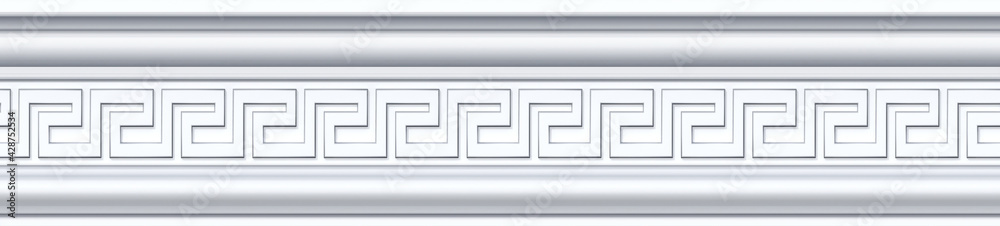 Seamless pattern of white classic mold cornice with classic meander ornament for interior wall design. Repeating gypsum plaster frieze for ceiling decoration frame Seamless pattern of white classic mold cornice with classic meander ornament for interior wall design. Repeating gypsum plaster frieze for ceiling decoration frame