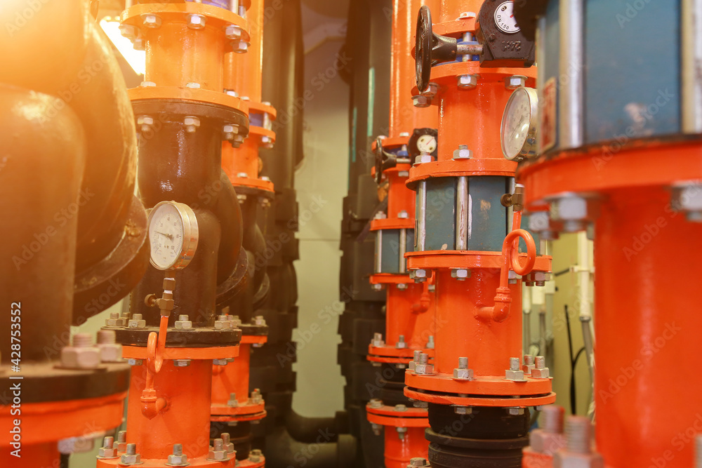 pressure gauge psi meter in pipe and valves of fire emergency system industry. pressure gauge psi meter in pipe and valves of fire emergency system industry.