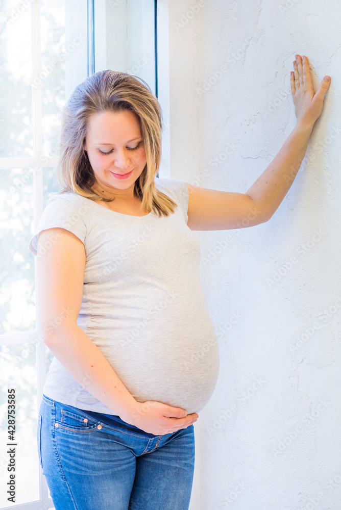 Beautiful pregnant woman standing near window at home in light interior Beautiful pregnant woman standing near window at home in light interior