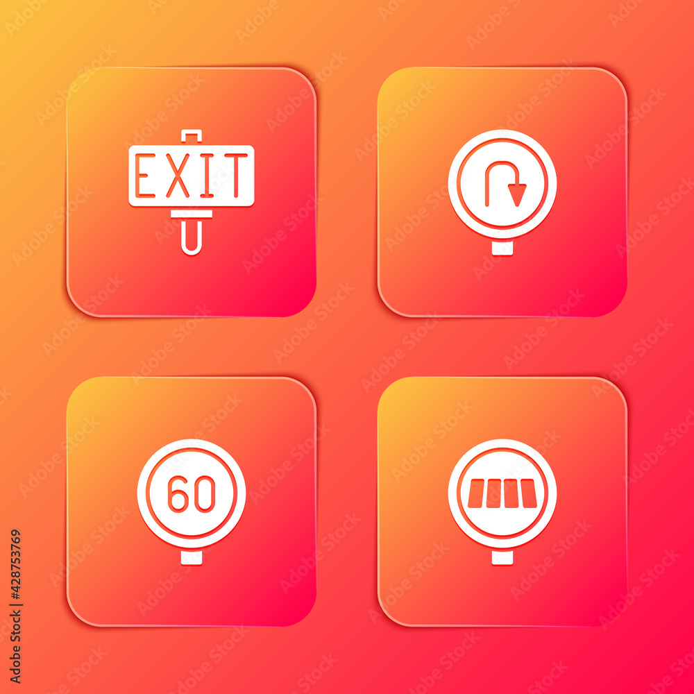 Set Fire exit, Turn back road sign, Speed limit traffic and Pedestrian crosswalk icon. Vector Set Fire exit, Turn back road sign, Speed limit traffic and Pedestrian crosswalk icon. Vector