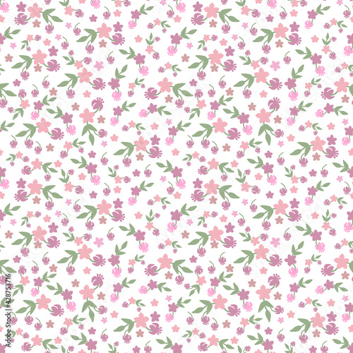 Floral pink bouquet vector pattern with small flowers and leaves