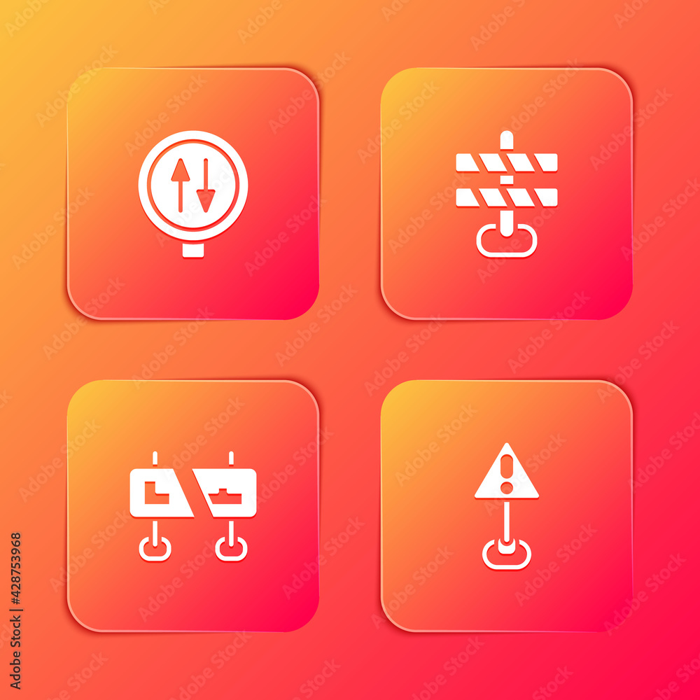 Set Road warning two way traffic, barrier, sign and Exclamation mark triangle icon. Vector Set Road warning two way traffic, barrier, sign and Exclamation mark triangle icon. Vector