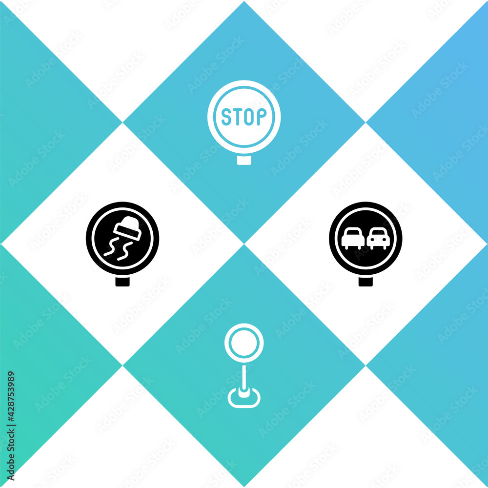 Set Slippery road traffic, Road sign, Stop and No overtaking icon. Vector Set Slippery road traffic, Road sign, Stop and No overtaking icon. Vector