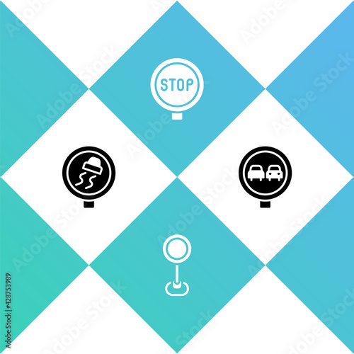 Set Slippery road traffic, Road sign, Stop and No overtaking icon. Vector