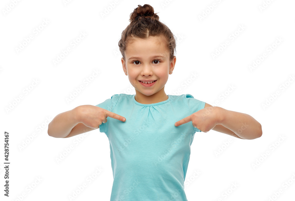 childhood, fashion and people concept - happy smiling girl pointing fingers to herself over white background childhood, fashion and people concept - happy smiling girl pointing fingers to herself over white background