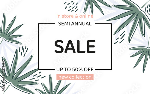 Fototapeta Naklejka Na Ścianę i Meble -  Sale poster template with tropical leaves. For trendy social media posts, mobile apps, banners design. Vector minimalistic backgrounds.