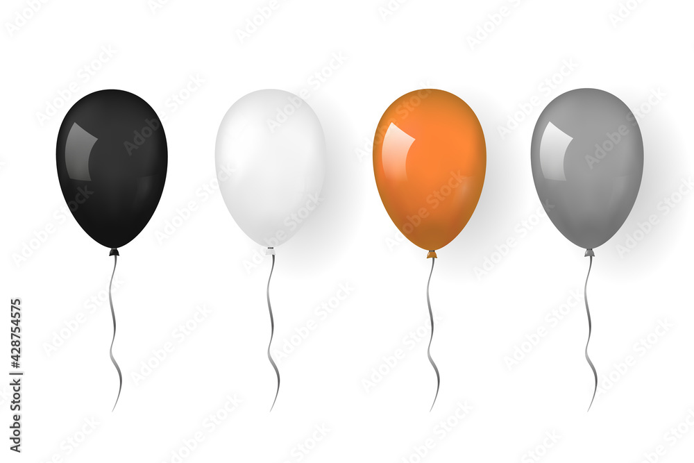 Balloon 3D icon, isolated white background. Baloon mockup for Halloween party celebration. Realistic black orange silver design. Helium gift ballon with ribbon. Glossy decoration. Vector illustration Balloon 3D icon, isolated white background. Baloon mockup for Halloween party celebration. Realistic black orange silver design. Helium gift ballon with ribbon. Glossy decoration. Vector illustration