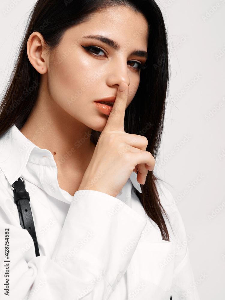 sexy brunette in a white shirt dark hair model