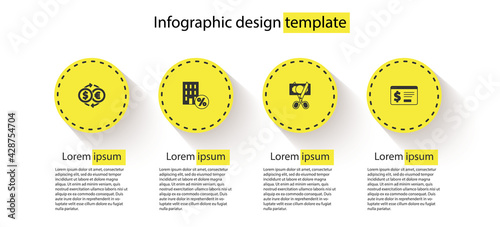 Set Money exchange, House with percant discount, Scissors cutting money and Online banking dollar. Business infographic template. Vector