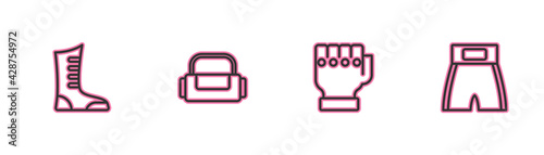 Set line Sport boxing shoes, MMA glove, bag and Boxing short icon. Vector