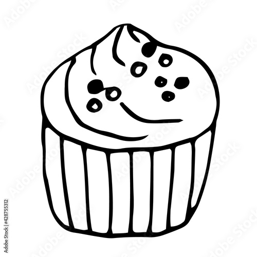 Cupcake with cream, vector illustration, doodle hand drawn