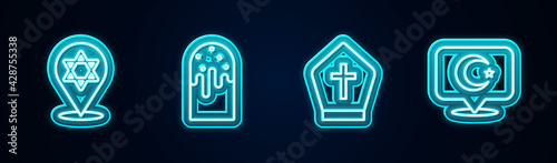 Set line Star of David, Easter cake, Pope hat and and crescent. Glowing neon icon. Vector