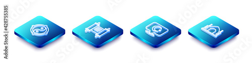 Set Isometric line Yin Yang, Decree, paper, parchment, scroll, Star and crescent and Hindu spiritual temple icon. Vector
