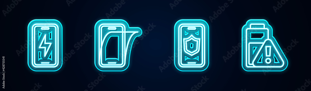 Set line Mobile charging battery, Glass screen protector, with shield and Smartphone charge. Glowing neon icon. Vector Set line Mobile charging battery, Glass screen protector, with shield and Smartphone charge. Glowing neon icon. Vector