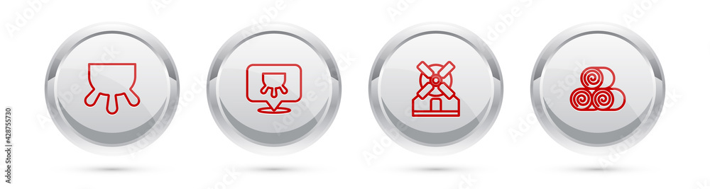 Set line Udder, , Windmill and Roll of hay. Silver circle button. Vector Set line Udder, , Windmill and Roll of hay. Silver circle button. Vector
