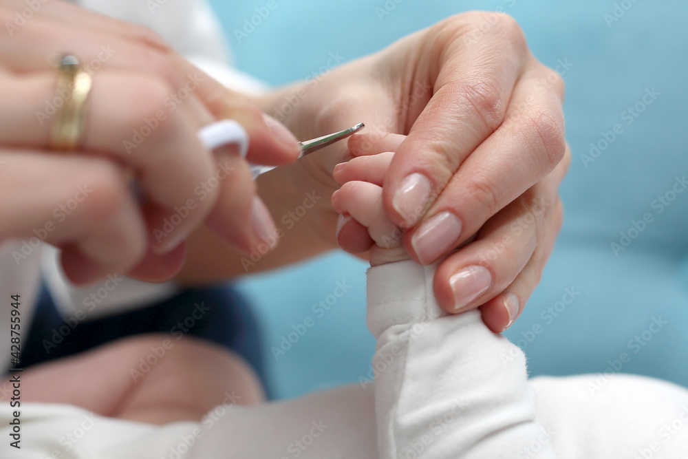 Obraz premium Cutting baby's nails. Baby care, mom cuts her nails.