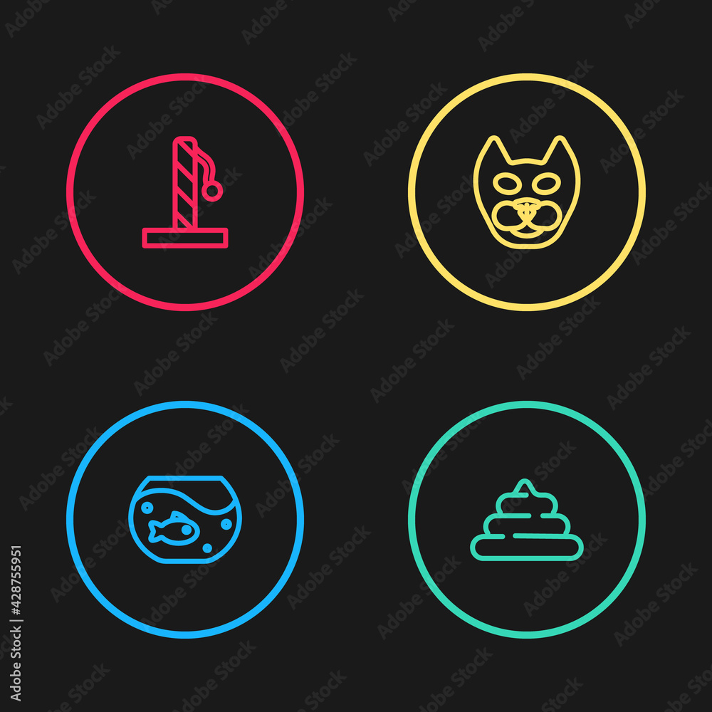 Set line Aquarium with fish, Shit, Cat and scratching post icon. Vector Set line Aquarium with fish, Shit, Cat and scratching post icon. Vector