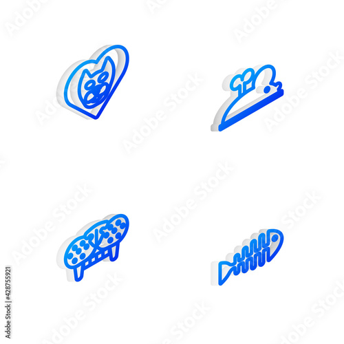 Set Isometric line Clockwork mouse, Heart with cat, Cat tooth and Fish skeleton icon. Vector