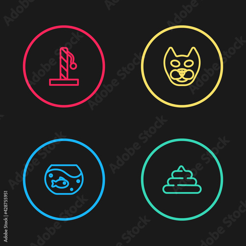 Set line Aquarium with fish, Shit, Cat and scratching post icon. Vector
