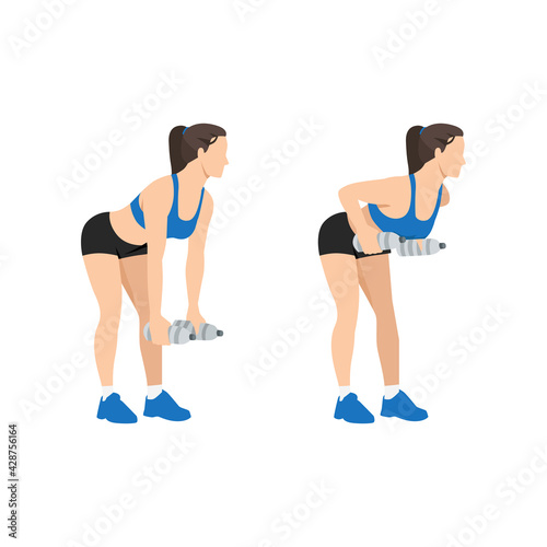 Woman doing bent over two armed water bottle rows exercise flat vector illustration isolated on white background