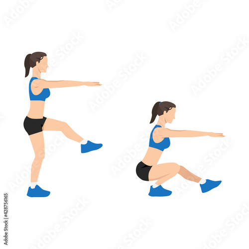 Woman doing single leg squats. Pistol squats flat vector illustration isolated on white background