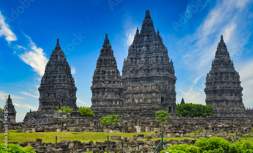 The view of Prambanan temple in Indonesia. Panoramic view at the Hindu temple Prambanan with colorful sky at Yogyakarta Java  Indonesia