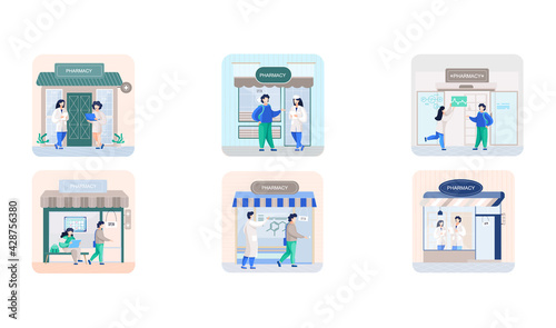 Facade pharmacy store with signboard, awning and symbol in shop window. Scenes set with apothecary
