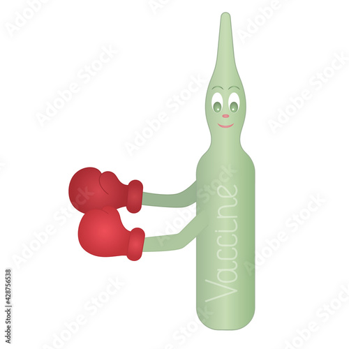 Vaccine ampoule. Glass vial with medicine. Fighting the virus. Colored vector illustration. Vaccine in boxing gloves. Immunization of humanity. Flat style. Isolated background. Medical topics. 