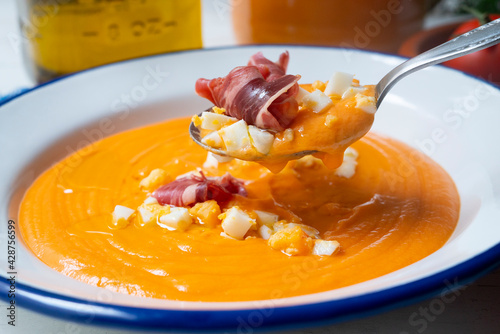 Salmorejo, typical cold tomato soup with iberico ham and boiled eeg and olive oil.