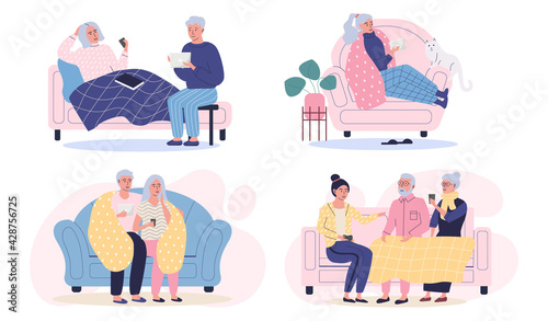 Set of illustrations about elderly people spend time together at home. Old couple use technology
