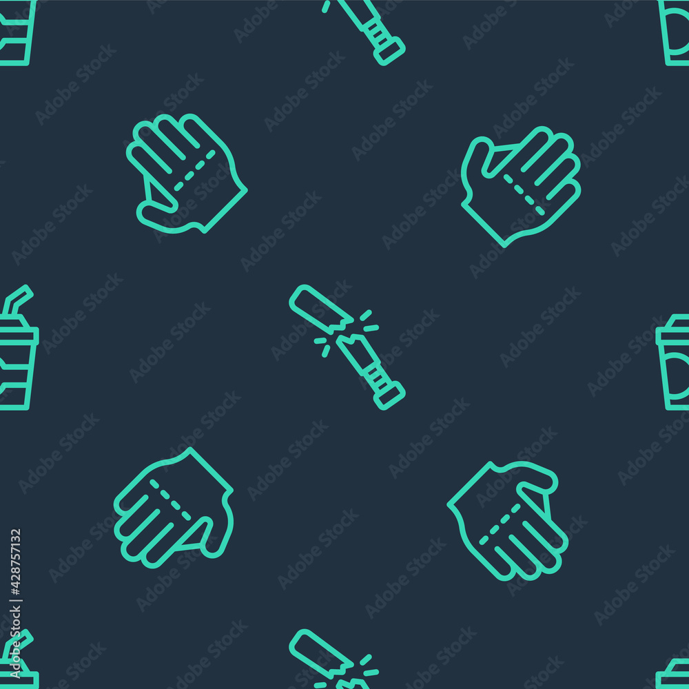 Set line Broken baseball bat, Baseball glove and Paper glass with water on seamless pattern. Vector