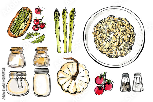 Spaghetti. Pasta painted watercolor on a white background. Ink sketch of food. Italian food.
