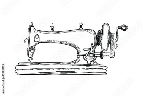 Vector ink line drawing of the antique retro sewing machine