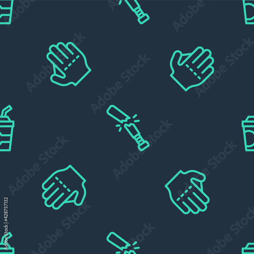 Set line Broken baseball bat, Baseball glove and Paper glass with water on seamless pattern. Vector
