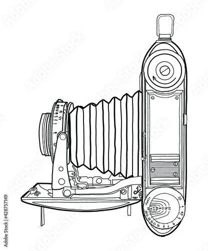 Vector line drawing of the antique vintage photo camera isolated on white background.