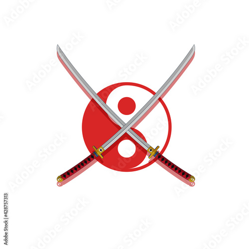 Two crossed katana on a white background with yin yang illustration