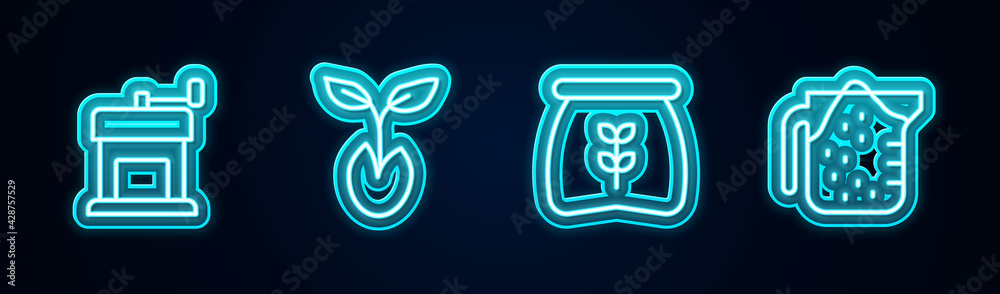 Set line Manual coffee grinder, Sprout, Bag flour and Measuring cup. Glowing neon icon. Vector Set line Manual coffee grinder, Sprout, Bag flour and Measuring cup. Glowing neon icon. Vector