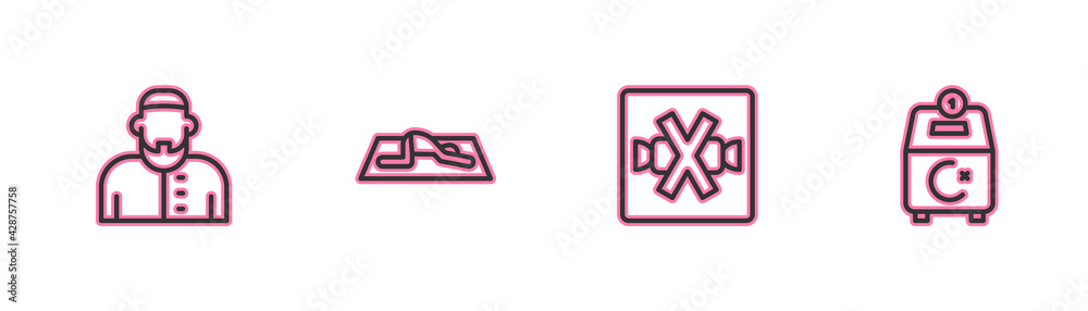 Set line Muslim man, No sweets, prays and Donate or pay your zakat icon. Vector Set line Muslim man, No sweets, prays and Donate or pay your zakat icon. Vector