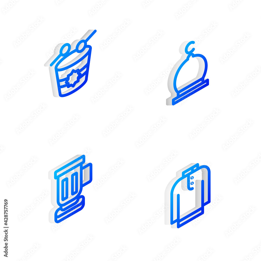 Set Isometric line Muslim Mosque, Ramadan drum, Medieval goblet and Shirt kurta icon. Vector