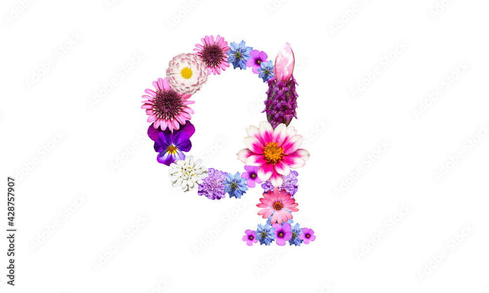 花でデコレーションしたアルファベットの小文字のq（花文字）