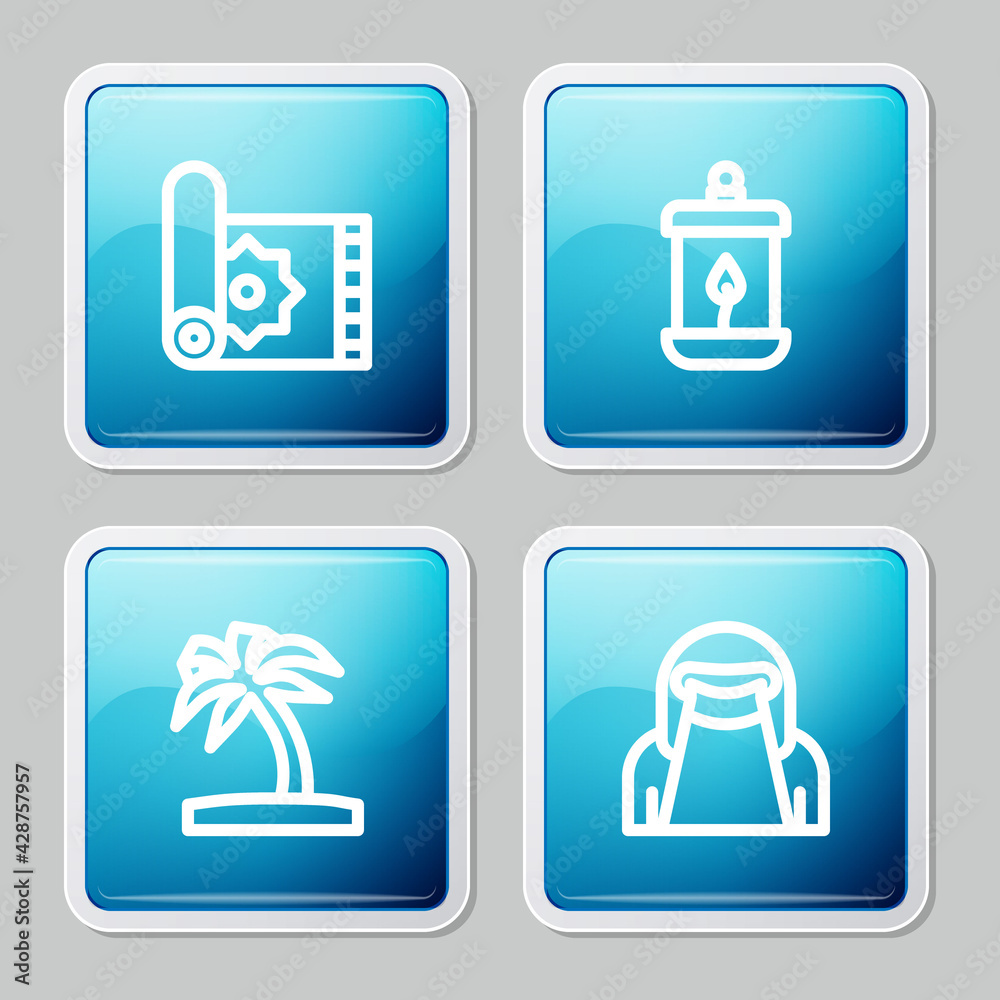 Set line Traditional carpet, Ramadan Kareem lantern, Tropical palm tree and Muslim woman in niqab icon. Vector Set line Traditional carpet, Ramadan Kareem lantern, Tropical palm tree and Muslim woman in niqab icon. Vector