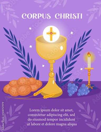Corpus Christi Catholic religious holiday greeting card, template for your design. Feast Day, cross, bread, grapes. Vector illustration