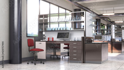 Laboratory interior with lab equipment. 3d illustration