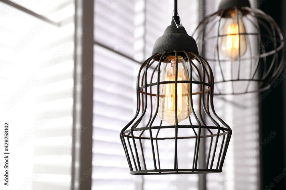 Stylish metallic pendant lamp with Edison light bulb indoors