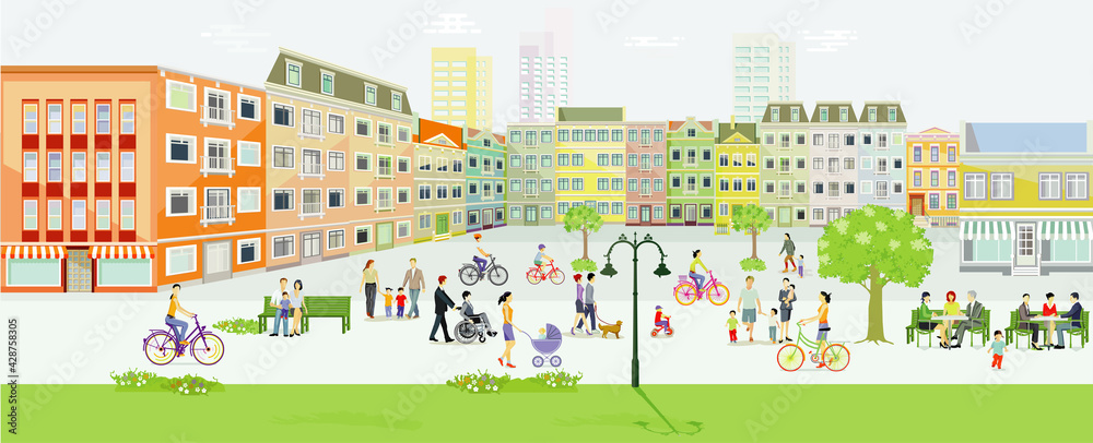 Stadt mit Fußgänger und Familien in der Freizeit, Autofreie Zone, Illustration