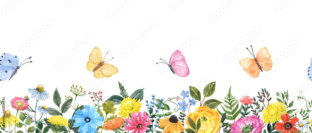 Spring or summer floral seamless border. Watercolor cute colorful wildflowers, forest plants, flying butterflies. Meadow frame on white background. Hand painted botanical illustration.